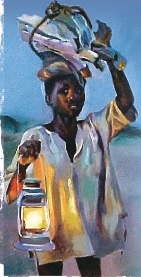 Illustration of a young boy walking and carrying a lantern