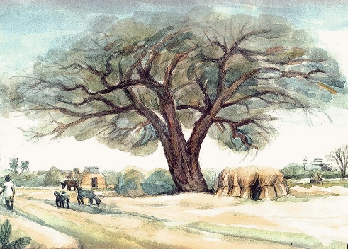 Landscape from “Al-Sababi”, 1990, Khalafalla Abboud. Watercolor, courtesy of Sudan Artists Gallery, Philadelphia.