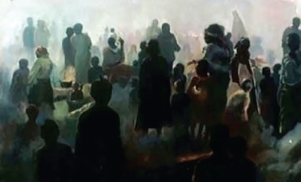 Refugees in the Dark, 1999, Nahla Mahdi. Oil on canvas, courtesy of Sudan Artists Gallery, Philadelphia.