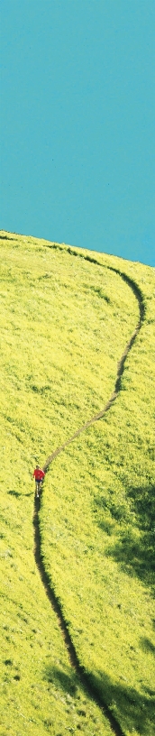 Photograph of a person running along a path on the side of a large hill