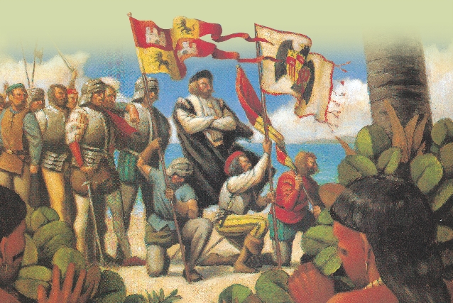 Illustration of strangers arriving (Christopher Columbus and his men). Three strangers are placing flags in the sand.