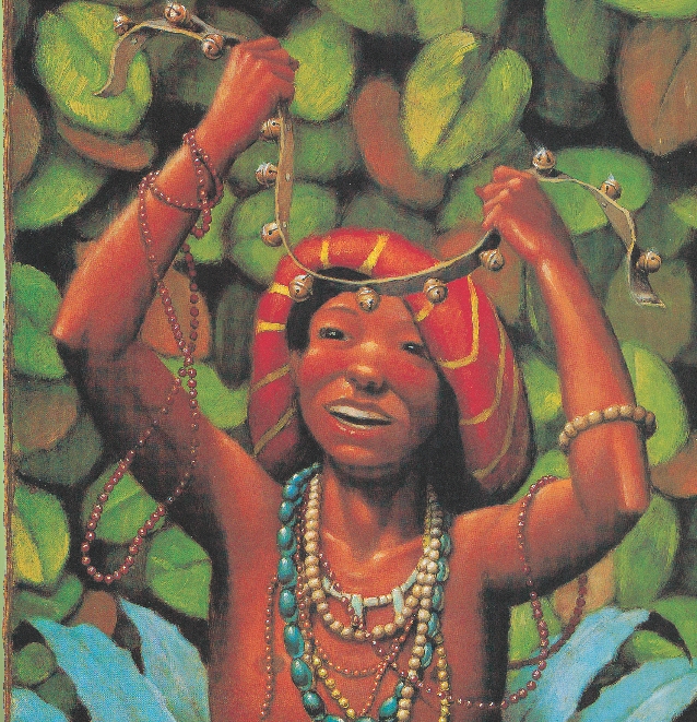 Illustration of a Taino holding a piece of leather with bells and wearing strings of beads