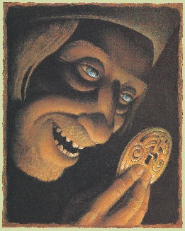 Illustration of a stranger holding a zemis and smiling greedily