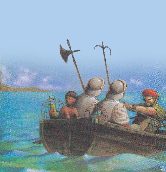 Illustration of the narrator, other Taino, and several parrots returning with the strangers in their boats