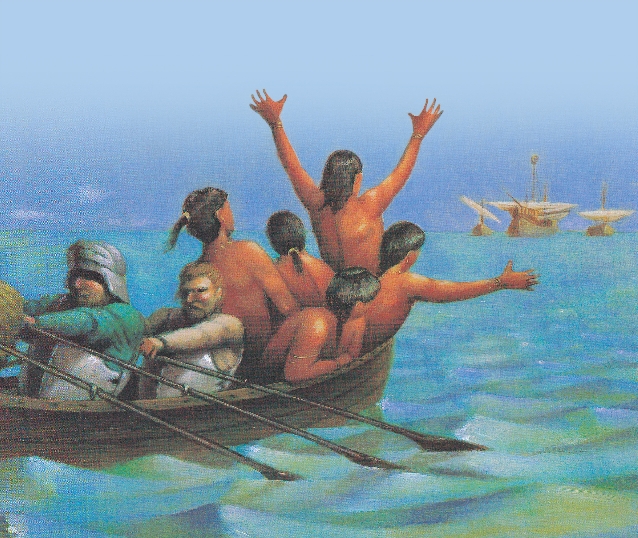 Illustration of the narrator, other Taino, and several parrots returning with the strangers in their boats