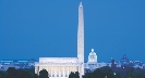 Photograph showing the Lincoln Memorial, Washington Monument, and US Capital at night