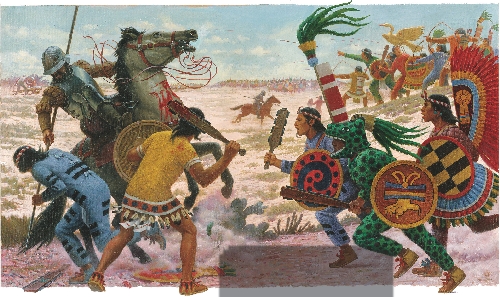 Critical Viewing: Mood How does this image reflect the mood of the conflict between the Aztec and the Spanish?