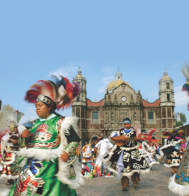 Dancers perform an Aztec ceremony in front of the Basilica of the Virgin of Guadalupe in Mexico City.