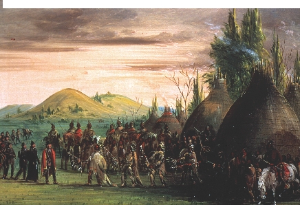 Illustration of Native Americans greeting French explorers.