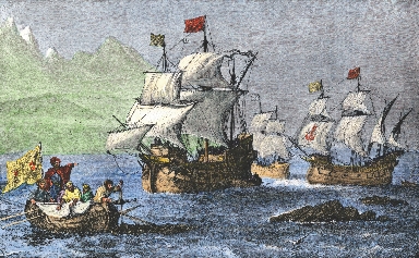 Columbus and his ships along the northern shore of Cuba