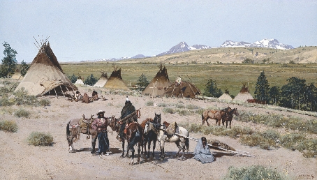 A Native American camp, early 1900s. Many groups moved frequently because camps could be moved more easily with the help of horses.