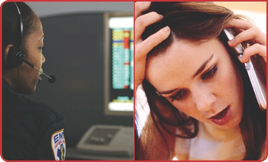 Photograph on left:an emergency 911 operator speaking; Photograph on right: a worried-looking teenage girl on the phone