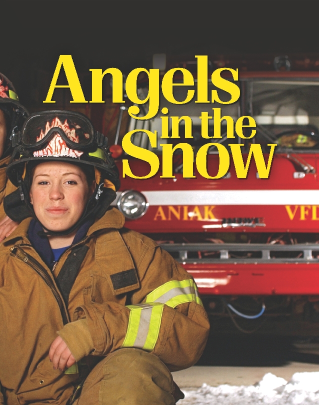 Photograph of the title page of the selection “Angels in the Snow,” with Dragon Slayers and a female firefighter