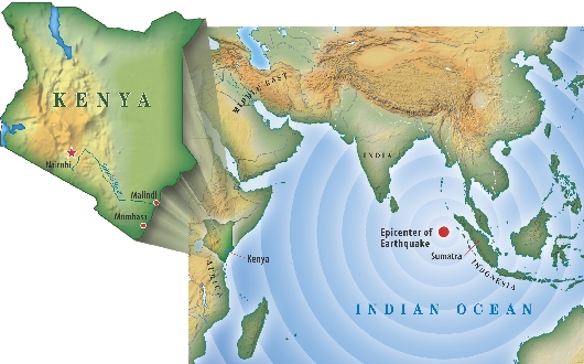 Illustration of map of Indian Ocean and surrounding countries. The tsunami epicenter, Sumatra, and Kenya are identified.