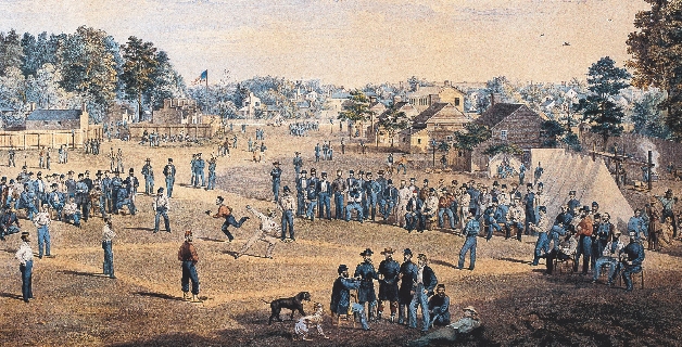 This illustration shows Union prisoners of war playing ball in Salisbury, North Carolina. Confederate guards watch the game—and the prisoners.