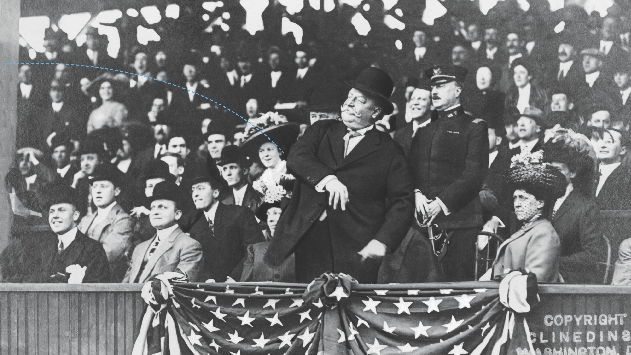 President Taft throwing the first pitch at a baseball game in 1910