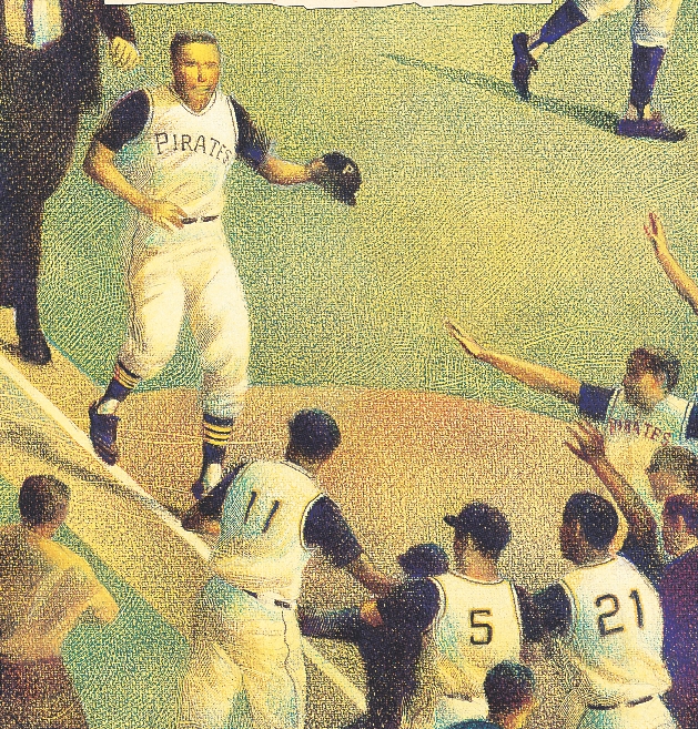 Illustration of Roberto coming across the home plate with team mates congratulating him