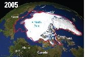 By 2005, large amounts of ice had melted. The outside red line shows where solid ice used to be. Now there is only ocean water. Many scientists say the ice in the area will continue to melt.