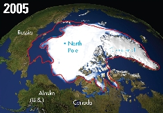 By 2005, large amounts of ice had melted. The outside red line shows where solid ice used to be. Now there is only ocean water. Many scientists say the ice in the area will continue to melt.