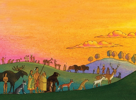 Illustration of the people and animals gathering at dawn