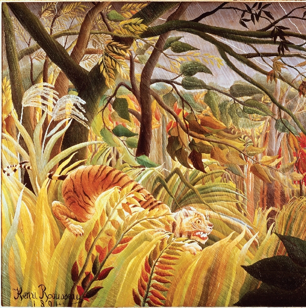 Photograph of a painting showing a tiger in a tropical storm