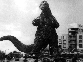 Photograph of movie scene of Godzilla attacking a city