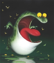 Humorous illustration of a frog with mouth open and flies flying about