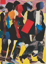 Photograph of a collage showing people walking in a crowd