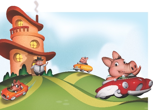 Illustration of each pig driving away from home in a car