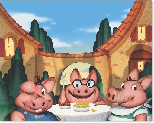 Illustration of the pigs eating pork rinds and salsa