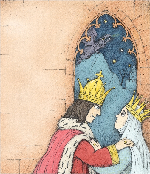 Illustration of a medieval king and queen talking
