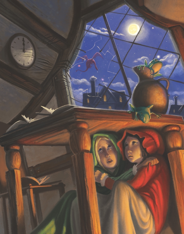 Illustration of two people hiding under a table at midnight as a dragon flies through the sky