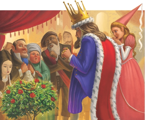 Illustration of the King and people around the queen, now a rosebush