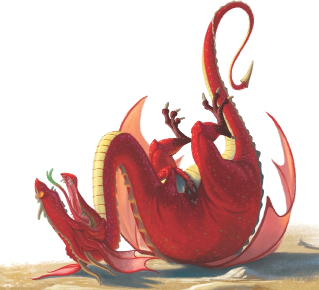 Illustration of the dragon rolling on the ground and laughing