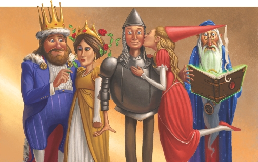 Illustration of the King, Queen, youngest son, princess, and wizard