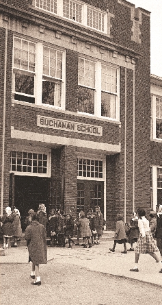 African American children arrive for class. Segregated schools like this one led to the famous Brown v. Board of Education legal case.