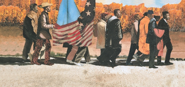 Illustration of African Americans marching and carrying the U.S. flag