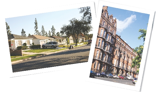 Side by side photographs of a suburban home and apartment buildings in a city