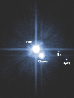 This image shows Pluto and its moons—Charon, Nix, and Hydra.