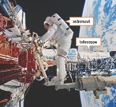 An astronaut checks a telescope in space.