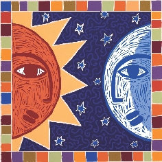 Illustration of the Sun and Moon with faces side by side in the night sky
