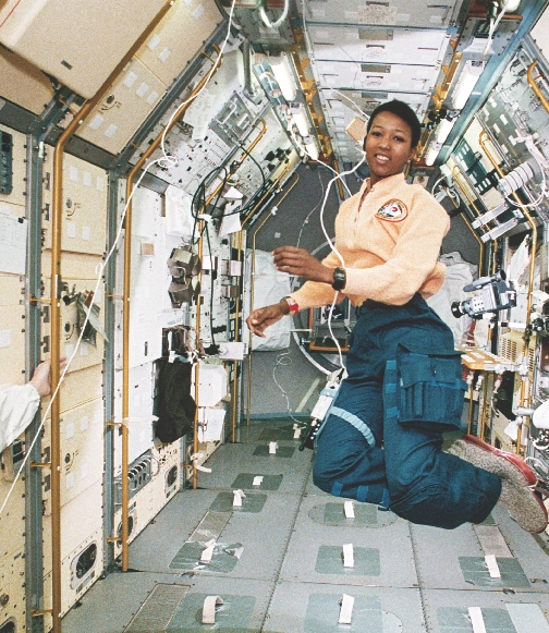 Dr. Mae Jemison floating in Spacelab
