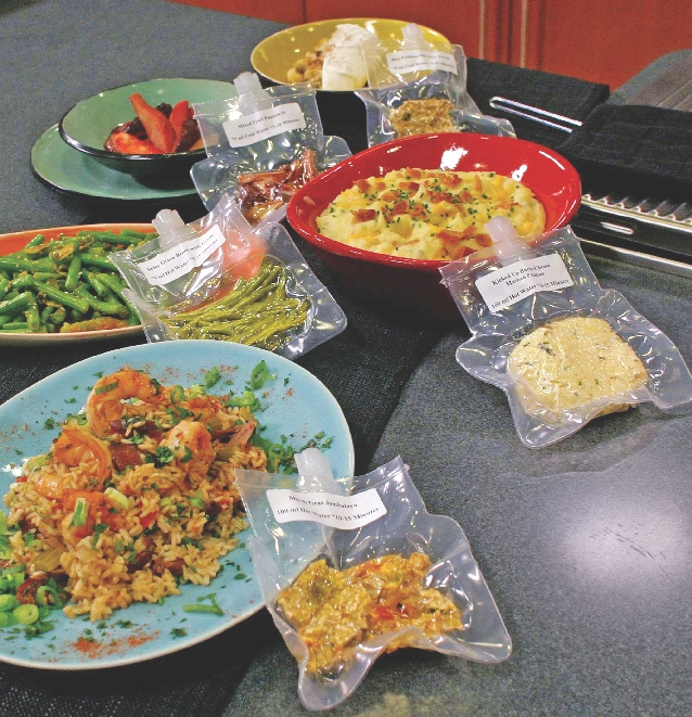 A well-known chef created and packaged these meals for the astronauts. They are shown here next to the same meal freshly prepared to be eaten on Earth.