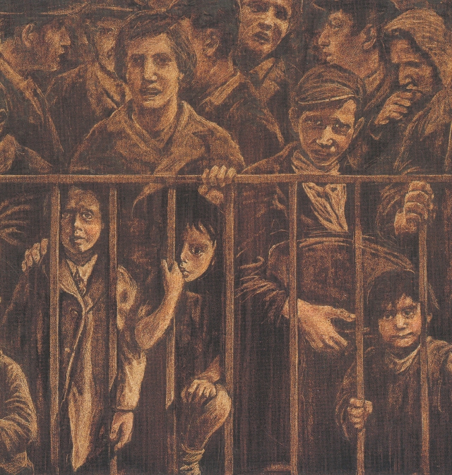 Illustration of a crowd of people standing behind an iron gate