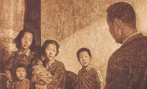 Illustration of Sugihara speaking to his family