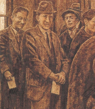 Illustration of Sugihara writing visas for the Polish refugees