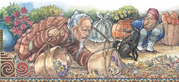 Illustration of the old farmer with his buckets and the furious shopkeeper