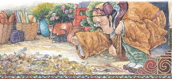 Illustration of the old farmer with his buckets and the furious shopkeeper