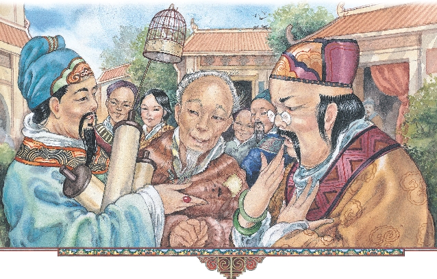 Illustration of the magistrate speaking to the farmer and shopkeeper