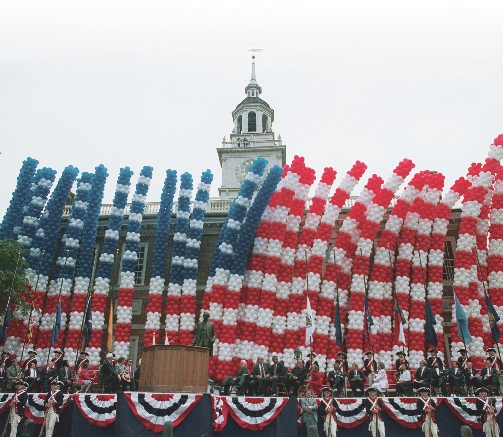 In 1987, people celebrate the 200th anniversary of the signing of the Constitution at Independence Hall, in Philadelphia.